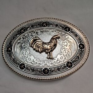 Silver and Gold Ornate Belt Buckle with Rooster Design